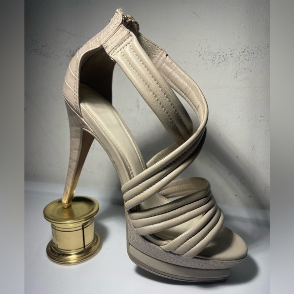 Herve Leger wome’s sandals strappy heels platform beige leather snakeakin sz 38 - Picture 5 of 12